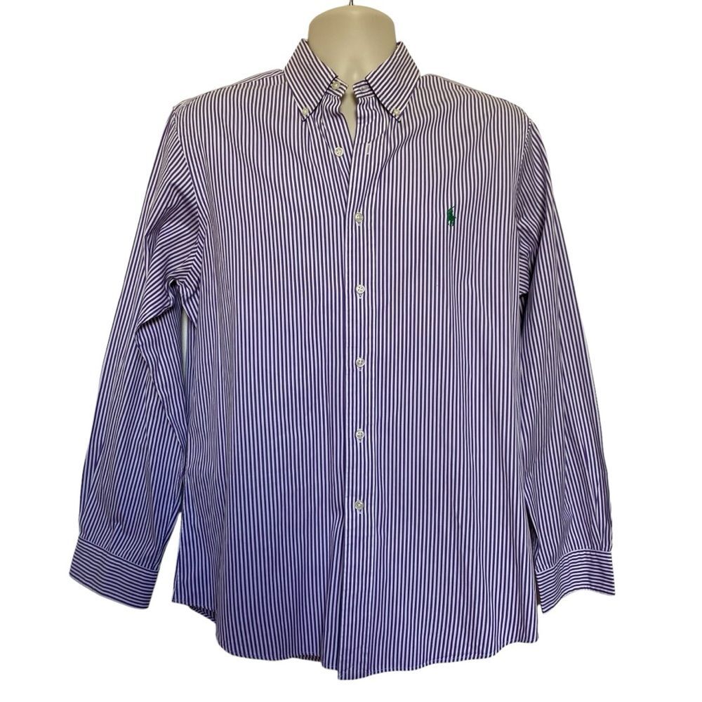 Ralph Lauren Custom Fit Men’s Striped Long Sleeve Shirt Purple White Sz 16